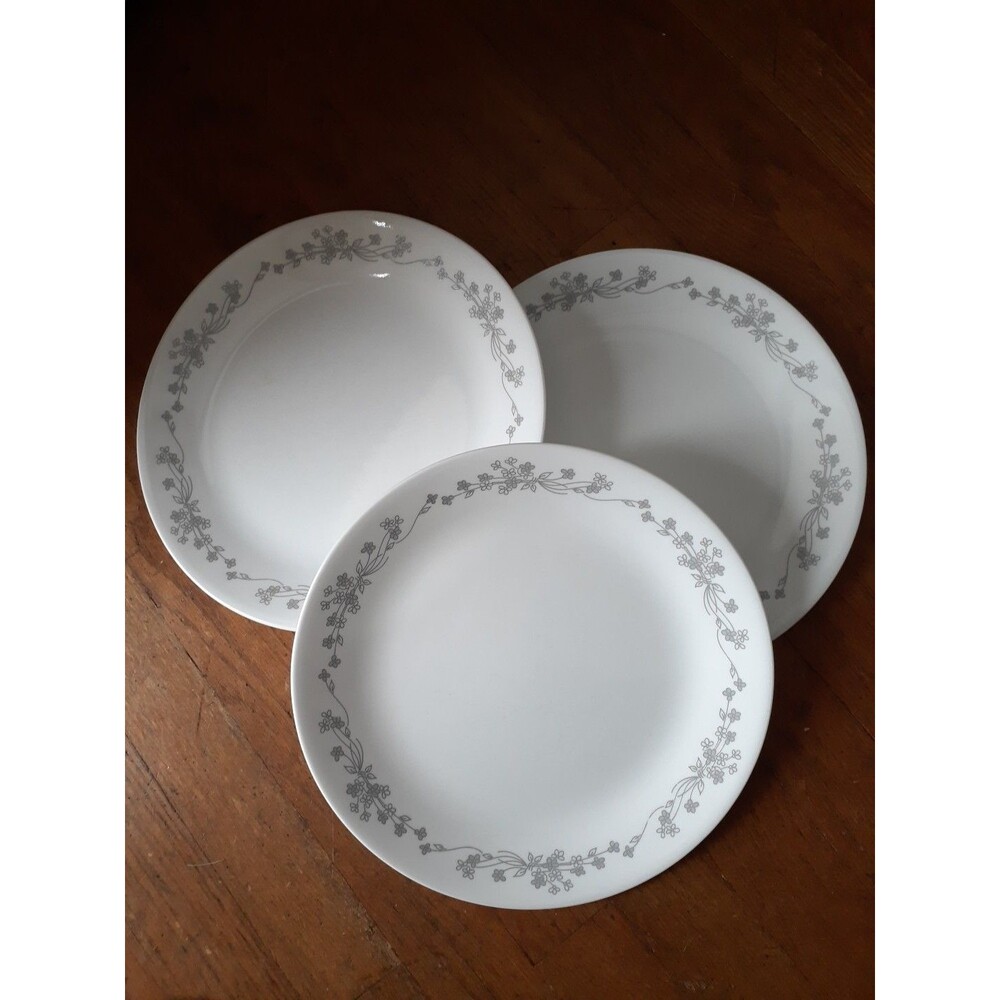 Vintage Corning Corelle Ribbon Bouquet 10 1/4 Dinner Plates Gray Floral Set of 3